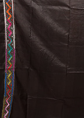Black Handloom Kantha Stitch Pure Silk Saree With Blouse Piece