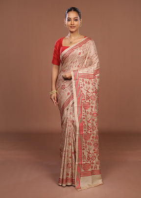 Cream Handloom Kantha Stitch Pure Silk Saree With Blouse Piece