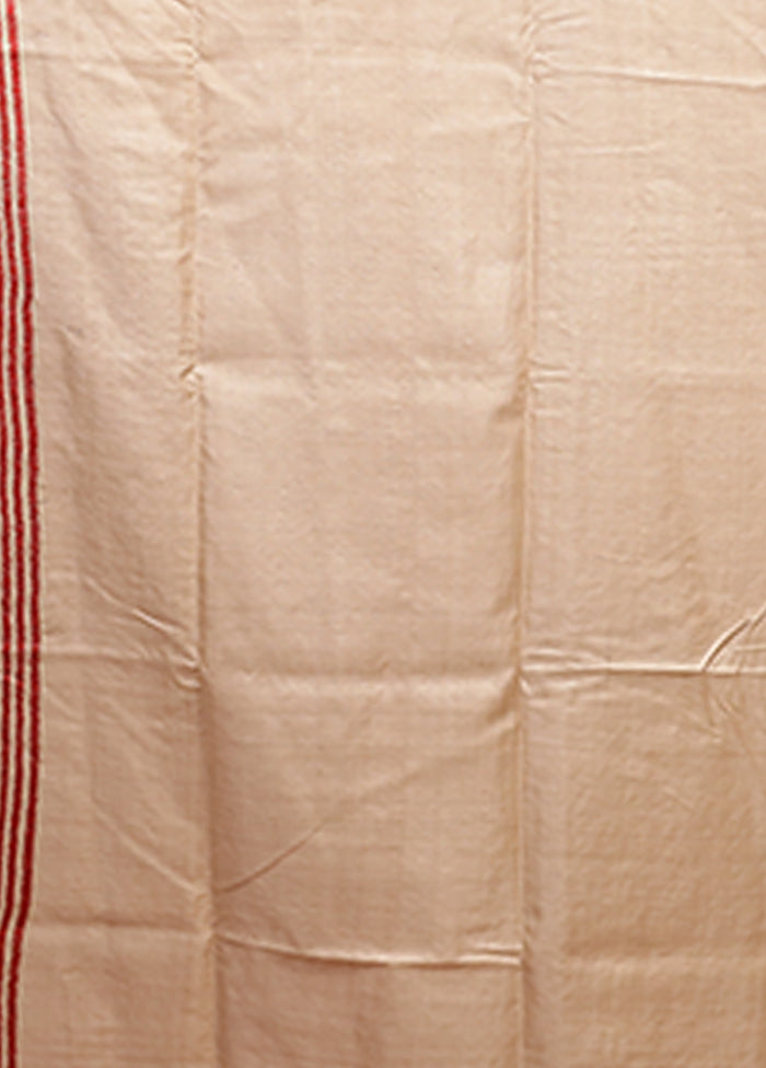 Cream Handloom Kantha Stitch Pure Silk Saree With Blouse Piece