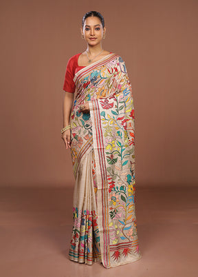 Cream Handloom Kantha Stitch Pure Silk Saree With Blouse Piece