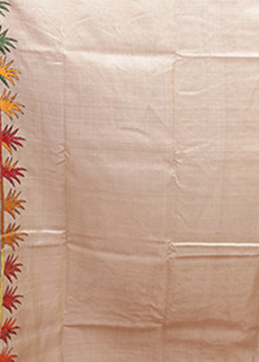 Cream Handloom Kantha Stitch Pure Silk Saree With Blouse Piece