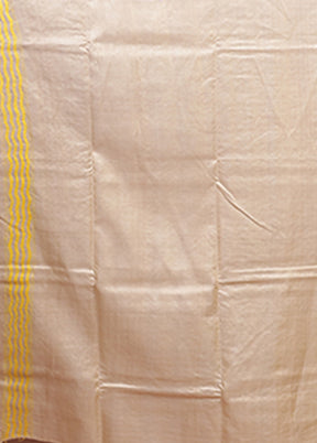 Cream Handloom Kantha Stitch Pure Silk Saree With Blouse Piece