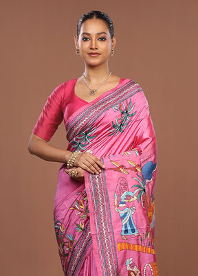 Pink Handloom Kantha Stitch Pure Silk Saree With Blouse Piece