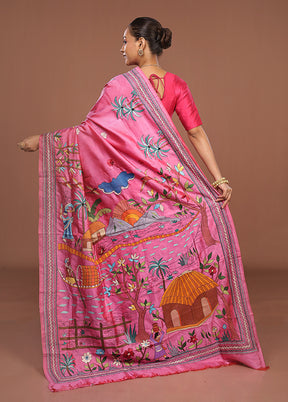 Pink Handloom Kantha Stitch Pure Silk Saree With Blouse Piece