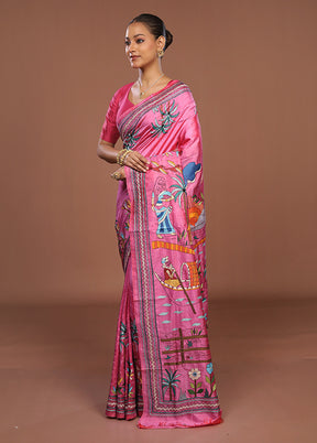 Pink Handloom Kantha Stitch Pure Silk Saree With Blouse Piece