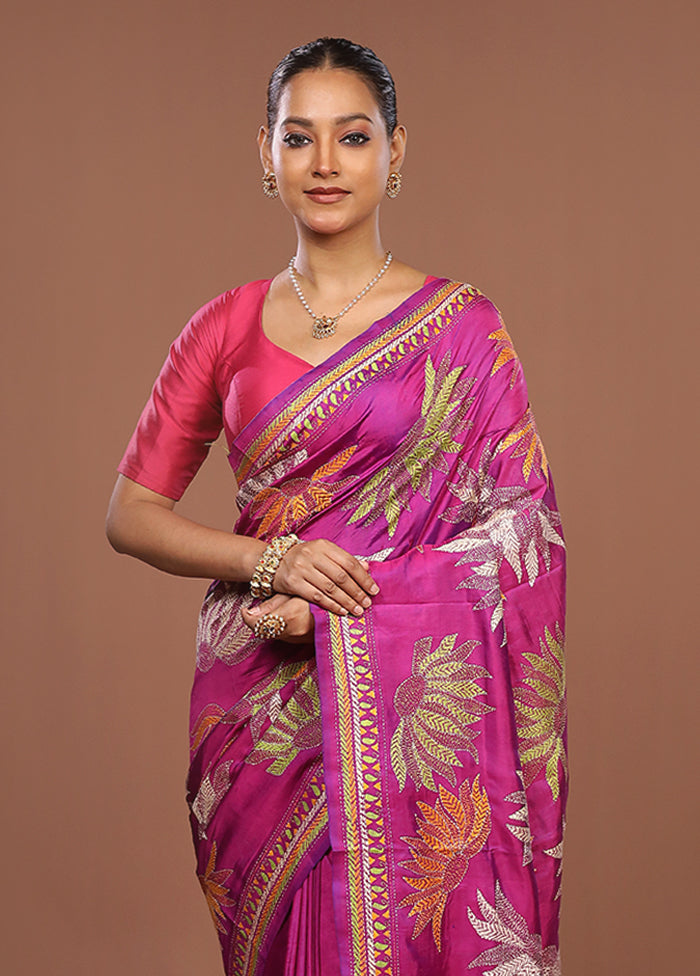 Pink Handloom Kantha Stitch Pure Silk Saree With Blouse Piece