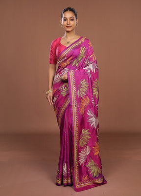 Pink Handloom Kantha Stitch Pure Silk Saree With Blouse Piece