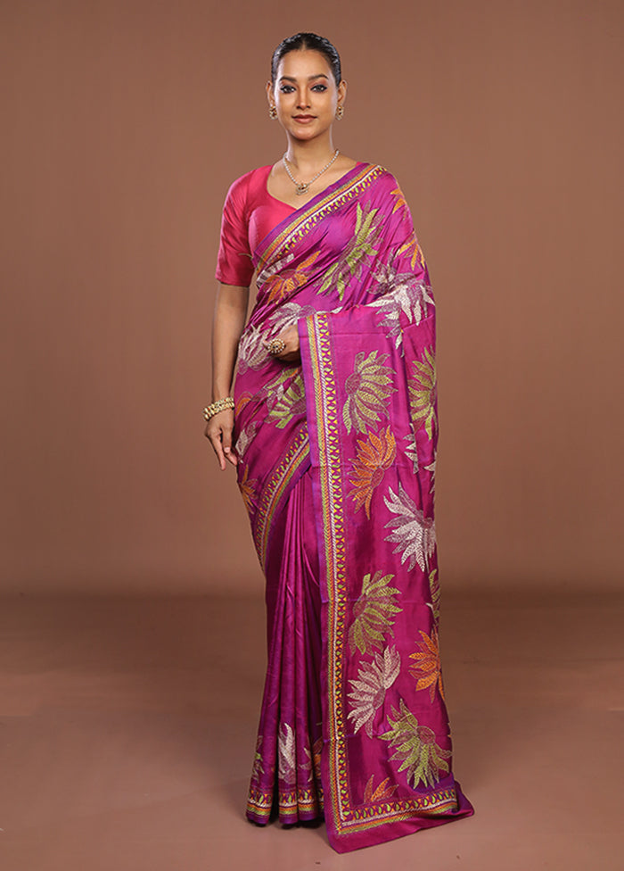 Pink Handloom Kantha Stitch Pure Silk Saree With Blouse Piece