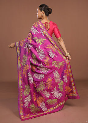 Pink Handloom Kantha Stitch Pure Silk Saree With Blouse Piece
