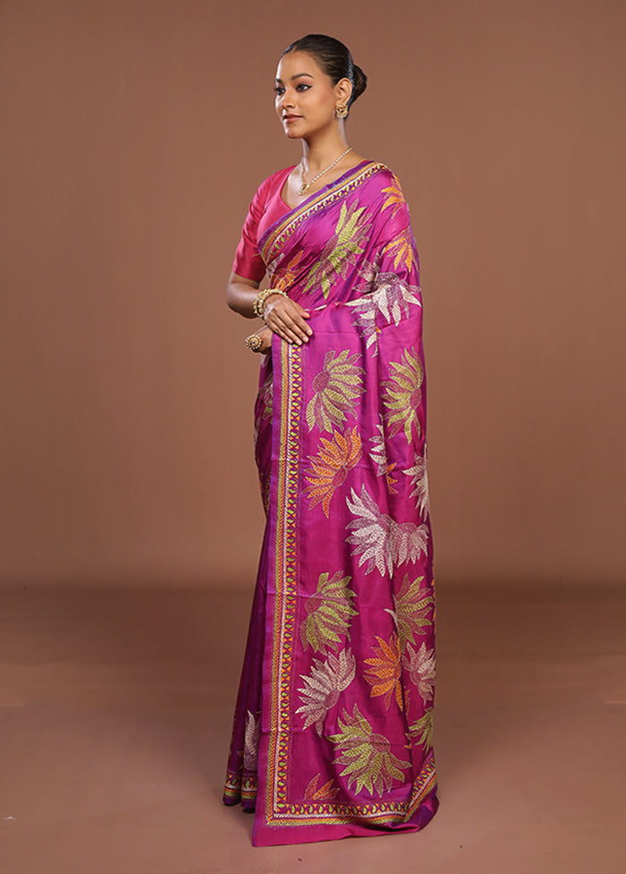 Pink Handloom Kantha Stitch Pure Silk Saree With Blouse Piece