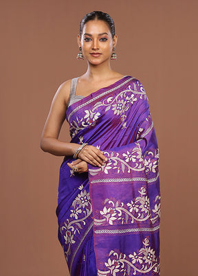 Purple Handloom Kantha Stitch Pure Silk Saree With Blouse Piece