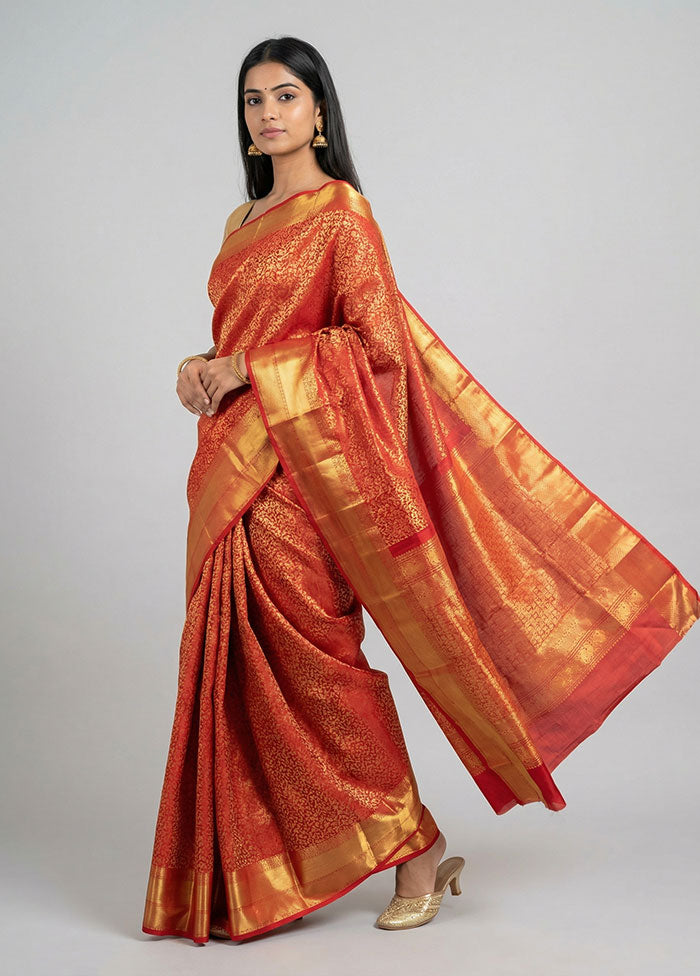 Red Handloom Kanchipuram Pure Silk Saree With Blouse Piece
