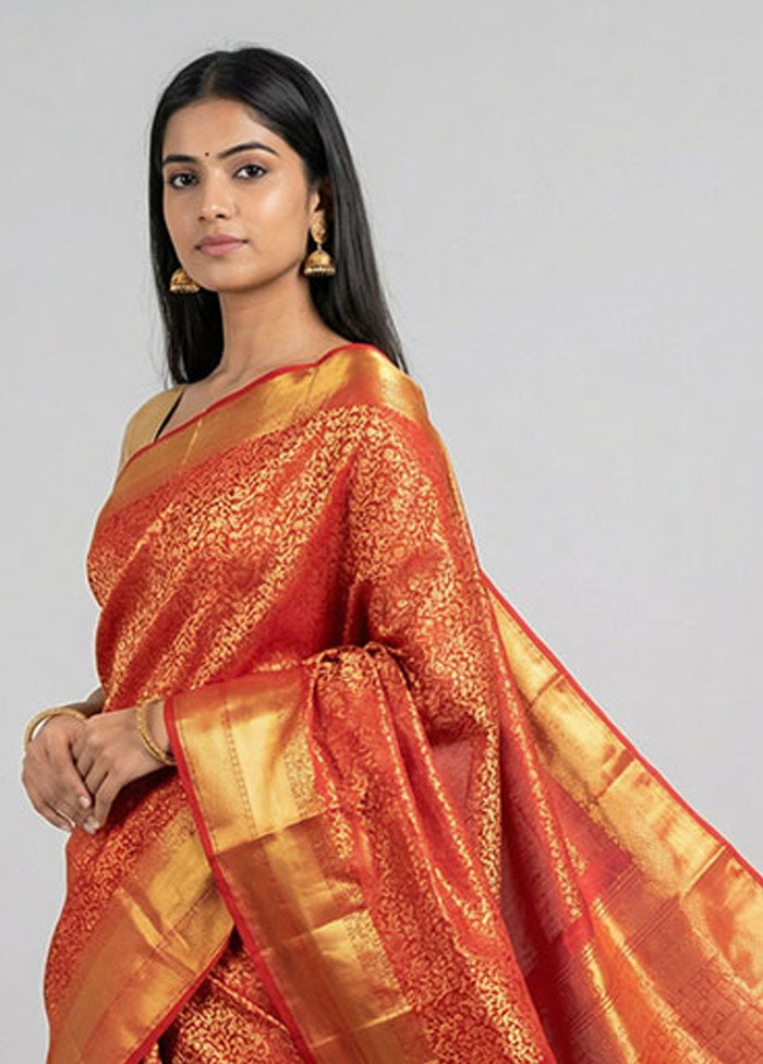 Red Handloom Kanchipuram Pure Silk Saree With Blouse Piece