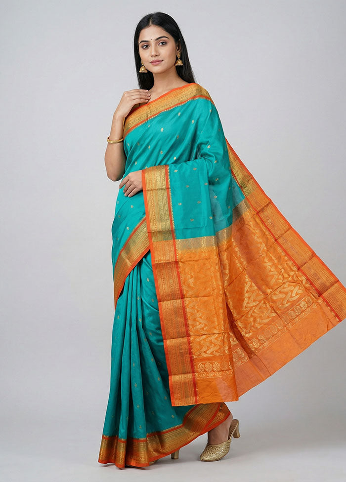 Blue Handloom Kanjivaram Pure Silk Saree With Blouse Piece