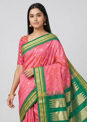 Pink Kanjivaram Silk Saree With Blouse Piece