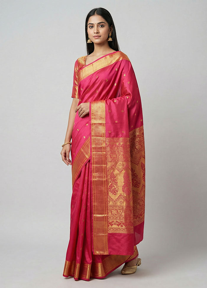 Pink Kanjivaram Silk Saree With Blouse Piece