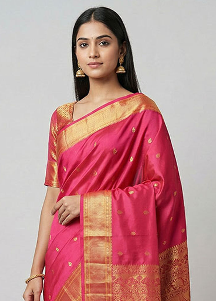 Pink Kanjivaram Silk Saree With Blouse Piece