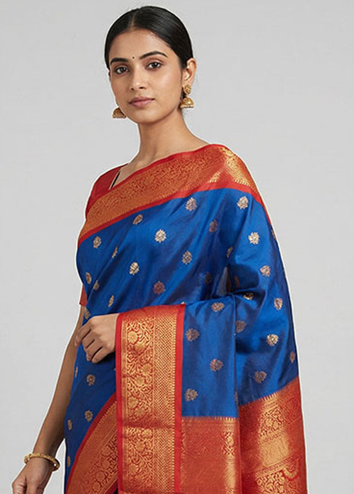 Blue Kanjivaram Silk Saree With Blouse Piece