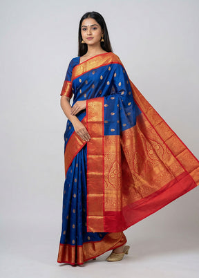 Blue Kanjivaram Silk Saree With Blouse Piece