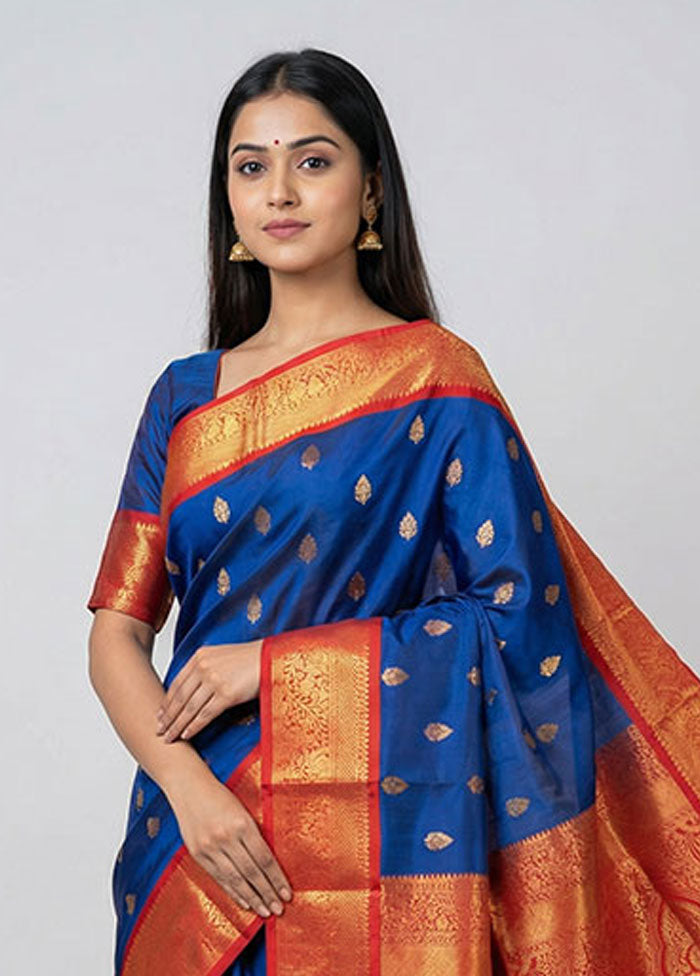Blue Kanjivaram Silk Saree With Blouse Piece