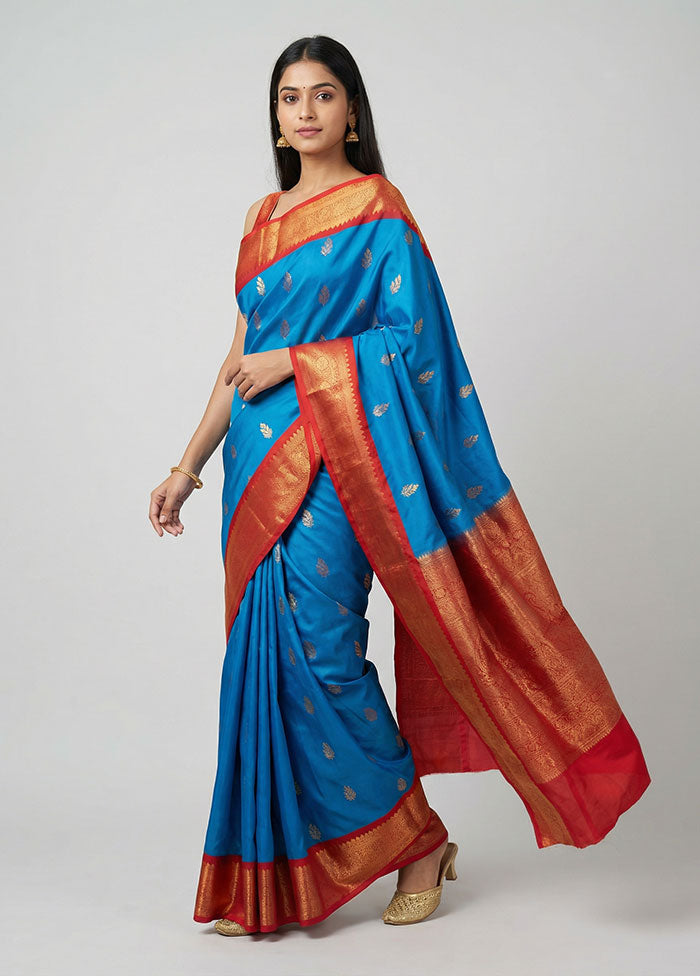 Blue Kanjivaram Silk Saree With Blouse Piece