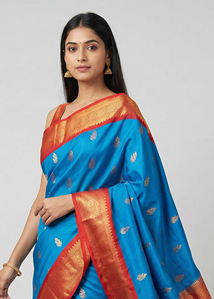 Blue Kanjivaram Silk Saree With Blouse Piece