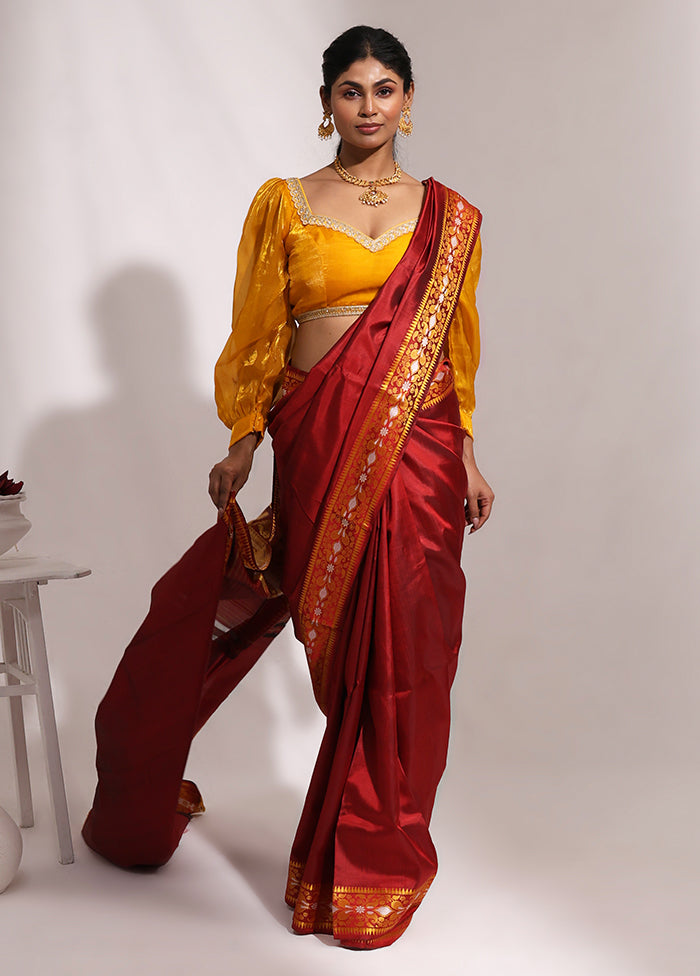 Maroon Handloom Baluchari Pure Silk Saree With Blouse Piece