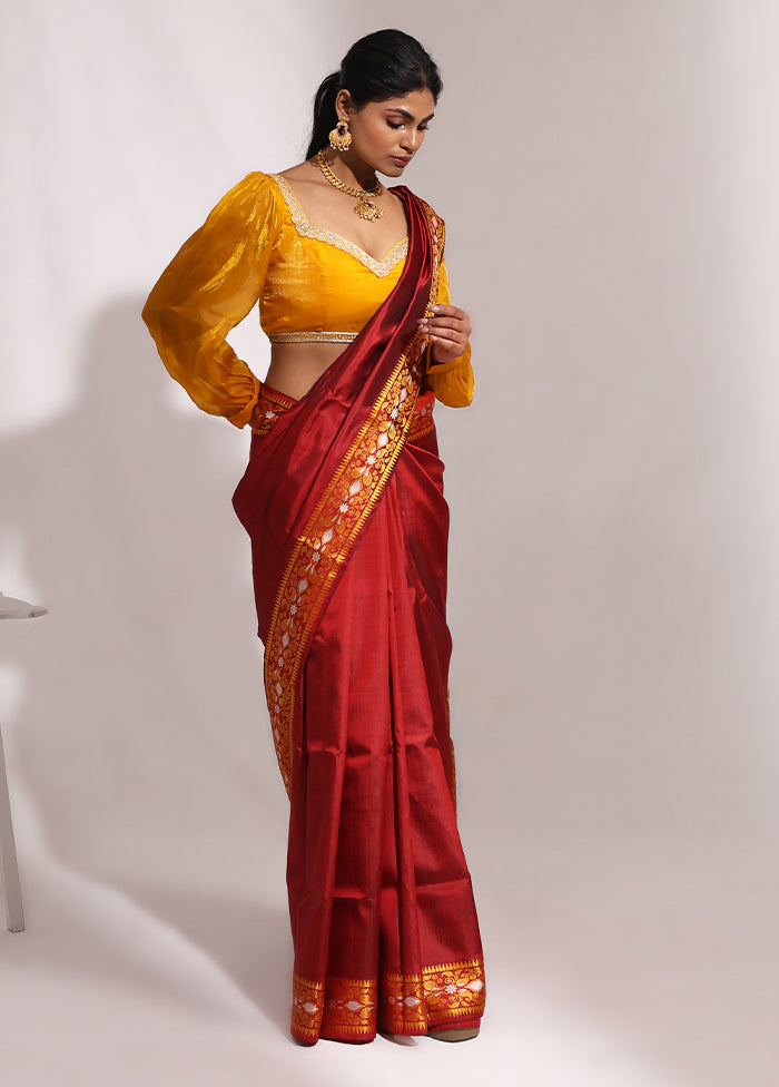 Maroon Handloom Baluchari Pure Silk Saree With Blouse Piece