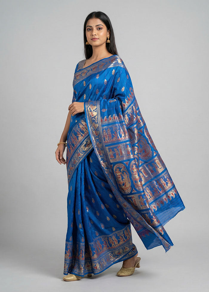 Blue Handloom Baluchari Pure Silk Saree With Blouse Piece