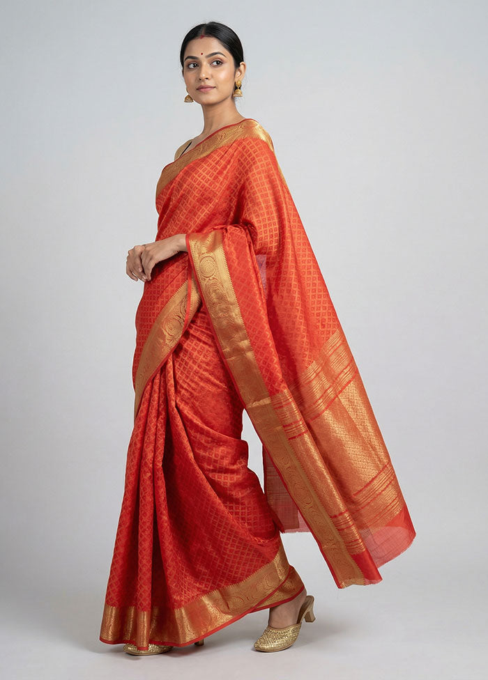 Red Dupion Silk Saree With Blouse Piece