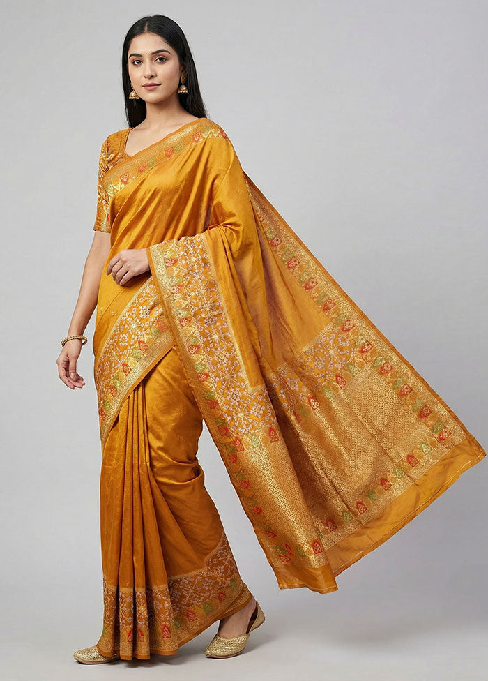 Yellow Dupion Silk Saree With Blouse Piece