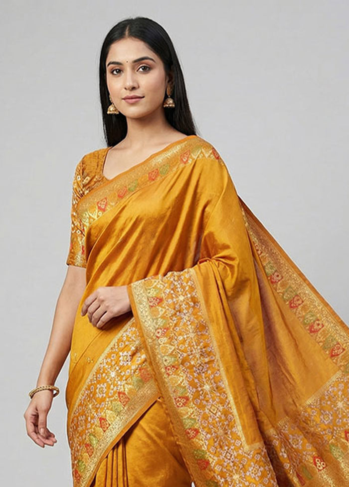 Yellow Dupion Silk Saree With Blouse Piece