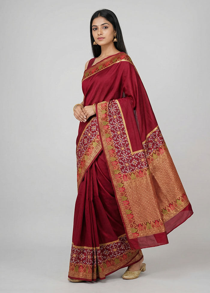 Maroon Dupion Silk Saree With Blouse Piece