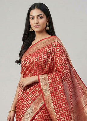 Red Handloom Pure Georgette Saree With Blouse Piece