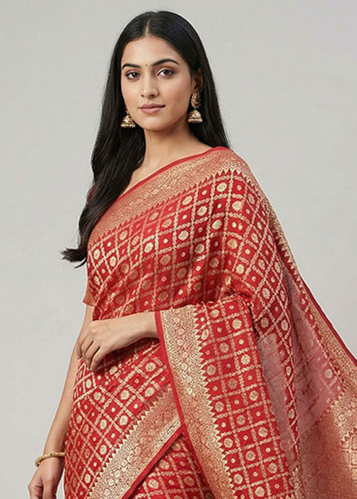 Red Handloom Pure Georgette Saree With Blouse Piece