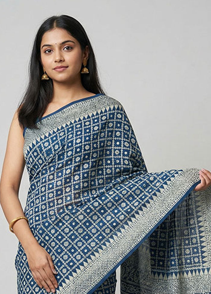 Blue Handloom Pure Georgette Saree With Blouse Piece