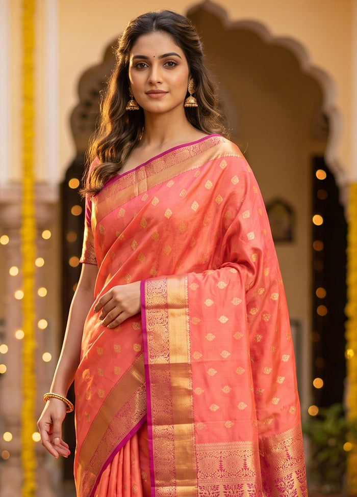 Pink Handloom Kanjivaram Pure Silk Saree With Blouse Piece