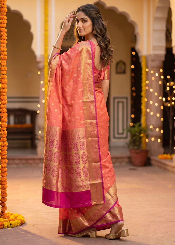 Pink Handloom Kanjivaram Pure Silk Saree With Blouse Piece