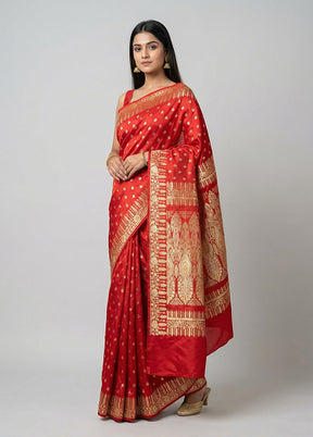 Red Handloom Banarasi Pure Silk Saree With Blouse Piece