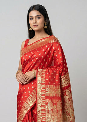 Red Handloom Banarasi Pure Silk Saree With Blouse Piece