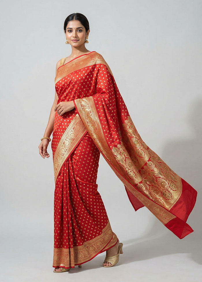 Red Handloom Banarasi Pure Silk Saree With Blouse Piece