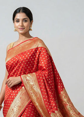 Red Handloom Banarasi Pure Silk Saree With Blouse Piece