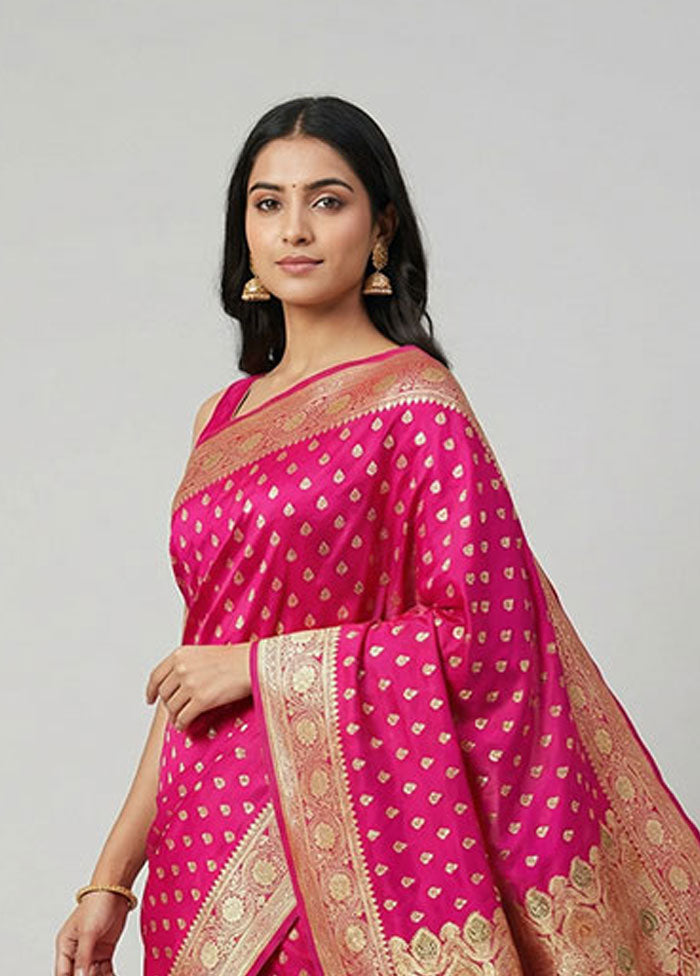 Pink Handloom Banarasi Pure Silk Saree With Blouse Piece