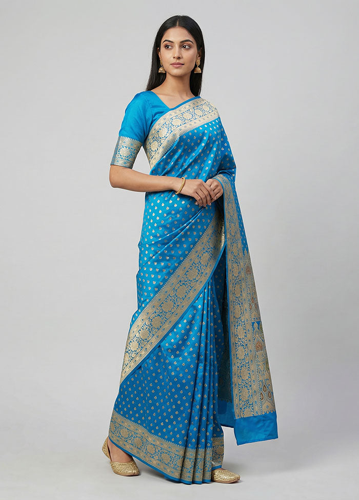 Blue Handloom Banarasi Pure Silk Saree With Blouse Piece