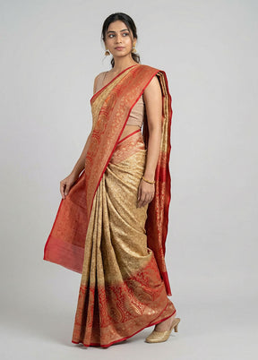 Cream Handloom Jamewar Pure Silk Saree With Blouse Piece