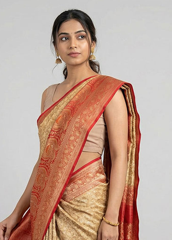 Cream Handloom Jamewar Pure Silk Saree With Blouse Piece