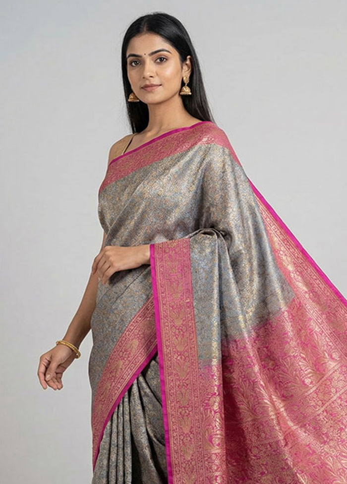 Grey Handloom Jamewar Pure Silk Saree With Blouse Piece