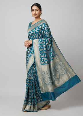 Blue Handloom Pure Georgette Saree With Blouse Piece