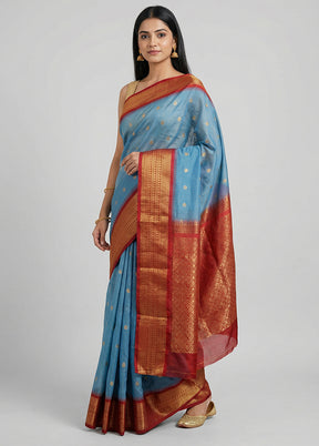 Blue Gadwal Silk Saree Without Blouse Piece