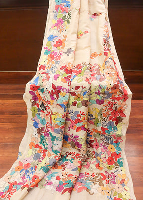 Cream Handloom Kantha Stitch Pure Silk Saree With Blouse Piece